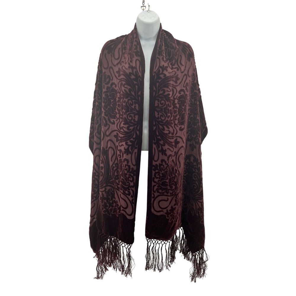 Valerie Stevens Velvet Burnout Scarf Burgundy Silk Damask Fringe Wrap Whimsigoth